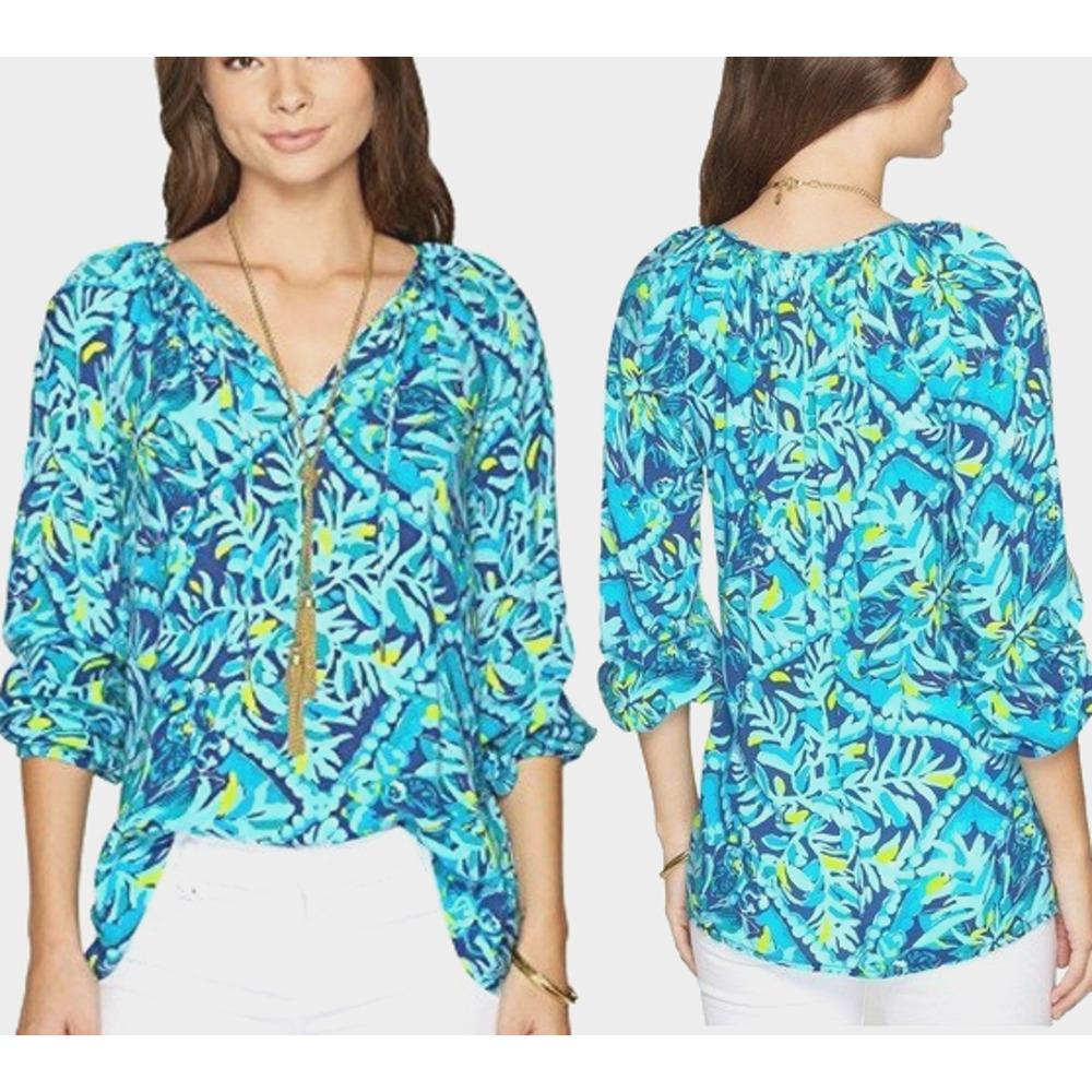 Lilly Pulitzer Willa Top Size XS Indigo Midnight Cove Print Tropical Leaf Resort - Picture 6 of 10